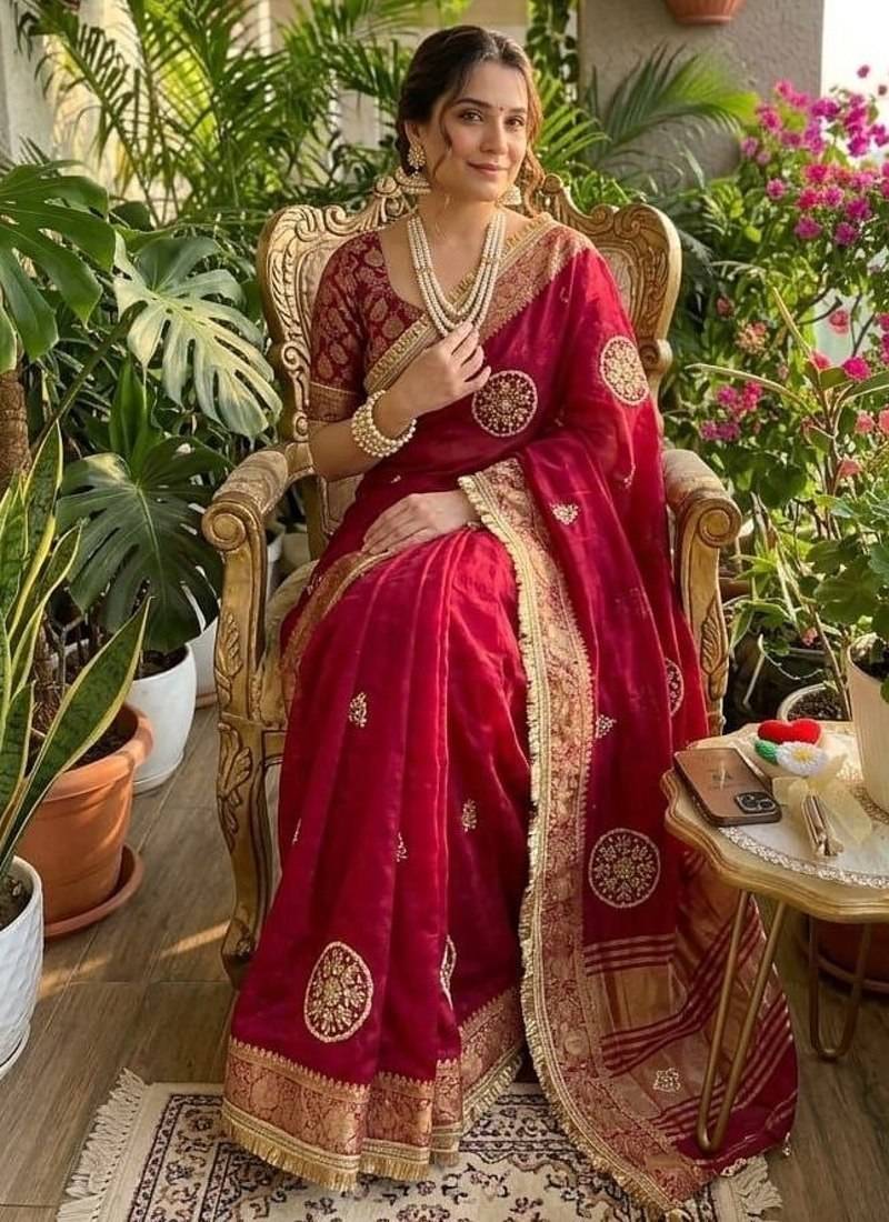 Wine Color weaving jacquard border and sequence lace border Satin saree