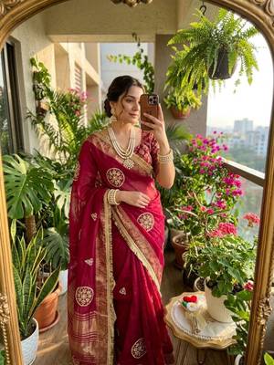 Wine Color weaving jacquard border and sequence lace border Satin saree 2