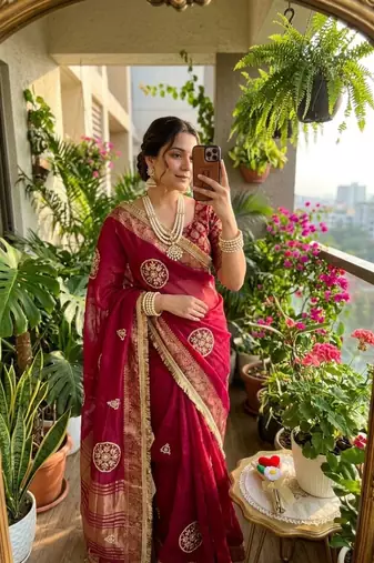 Wine Color weaving jacquard border and sequence lace border Satin saree