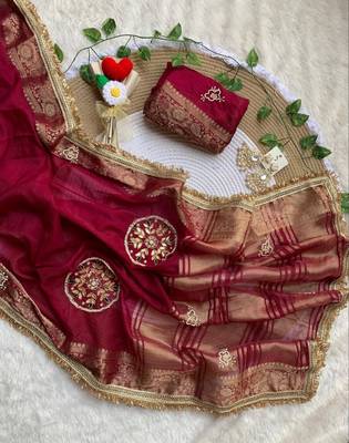 Wine Color weaving jacquard border and sequence lace border Satin saree 3