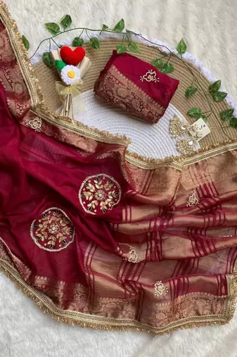 Wine Color weaving jacquard border and sequence lace border Satin saree