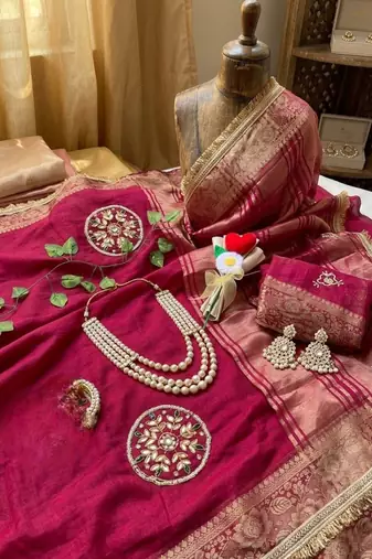 Wine Color weaving jacquard border and sequence lace border Satin saree