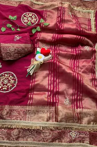 Wine Color weaving jacquard border and sequence lace border Satin saree