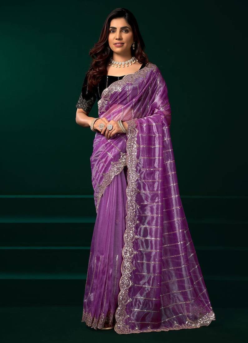Light purple embroidered embellished bollywood net saree with blouse