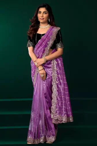 Light purple embroidered embellished bollywood net saree with blouse