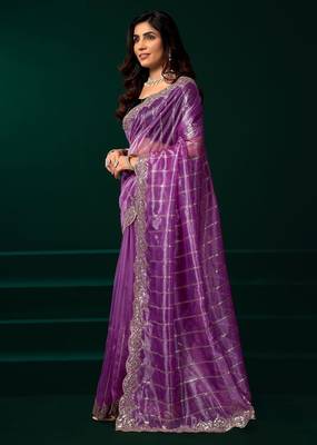 Light purple embroidered embellished bollywood net saree with blouse 3