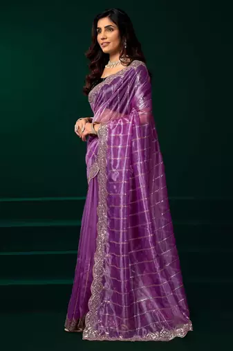 Light purple embroidered embellished bollywood net saree with blouse