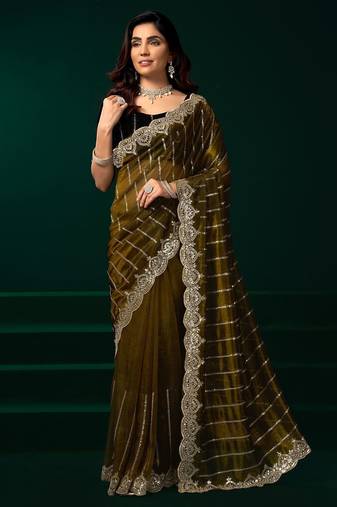 Mehendi embroidered embellished bollywood net saree with blouse
