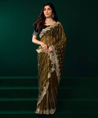 Mehendi embroidered embellished bollywood net saree with blouse 2