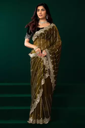 Mehendi embroidered embellished bollywood net saree with blouse
