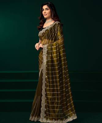 Mehendi embroidered embellished bollywood net saree with blouse 3