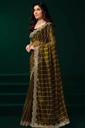 Mehendi embroidered embellished bollywood net saree with blouse