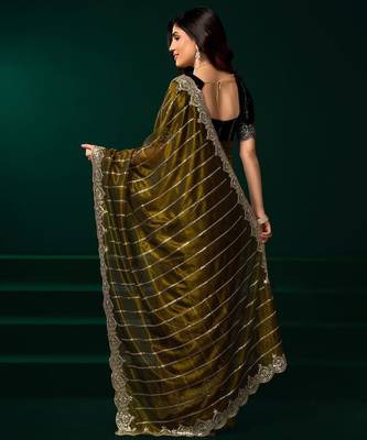 Mehendi embroidered embellished bollywood net saree with blouse 4