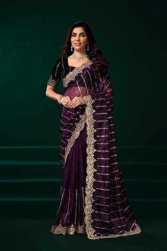 Purple embroidered embellished bollywood net saree with blouse