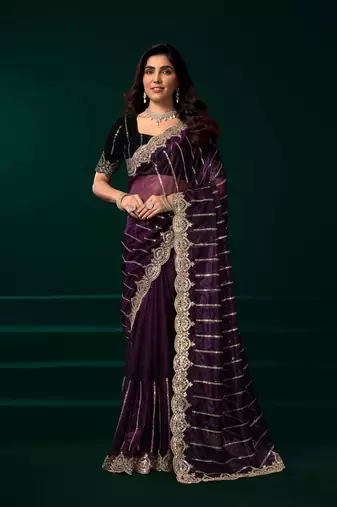Purple embroidered embellished bollywood net saree with blouse