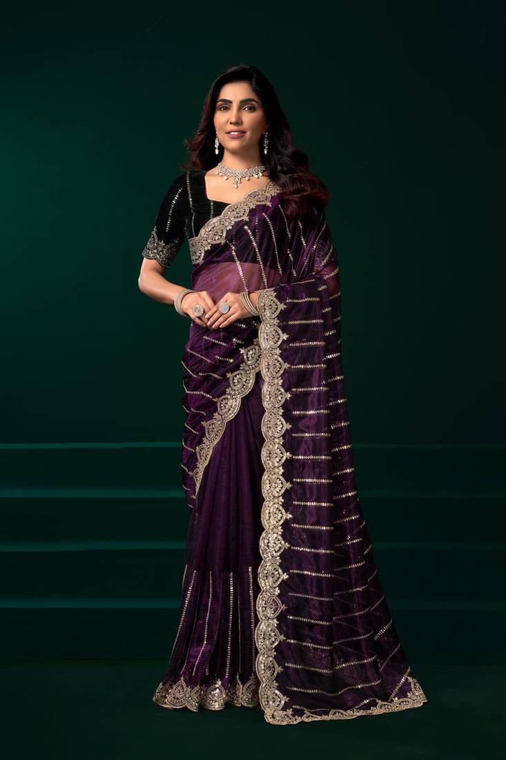 Purple embroidered embellished bollywood net saree with blouse