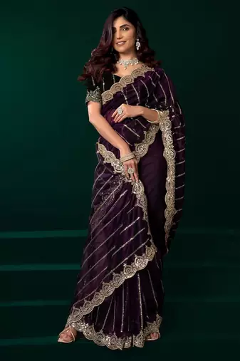 Purple embroidered embellished bollywood net saree with blouse