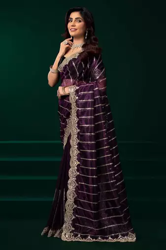 Purple embroidered embellished bollywood net saree with blouse