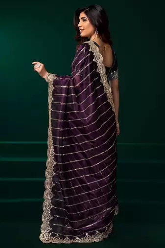 Purple embroidered embellished bollywood net saree with blouse