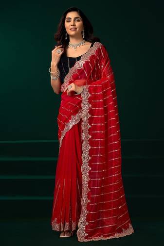Red embroidered embellished bollywood net saree with blouse