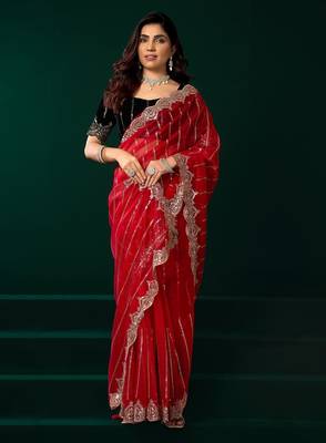 Red embroidered embellished bollywood net saree with blouse 2
