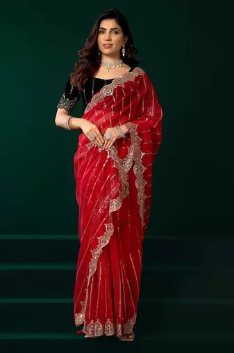 Red embroidered embellished bollywood net saree with blouse