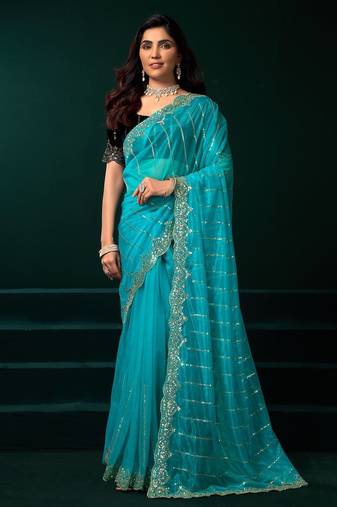 Sky blue embroidered embellished bollywood net saree with blouse