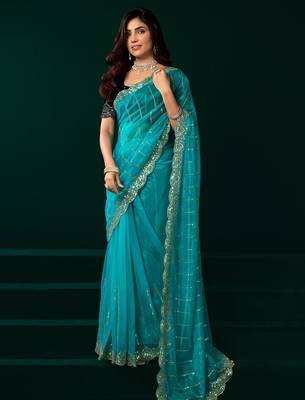 Sky blue embroidered embellished bollywood net saree with blouse 2