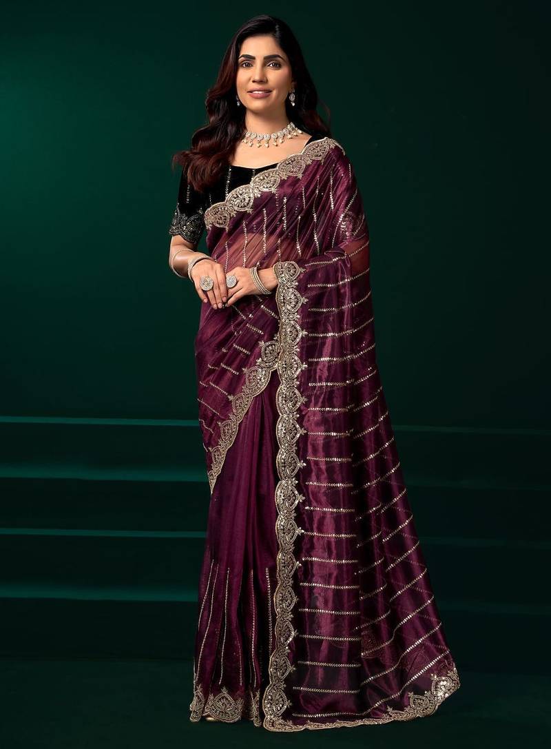 Wine embroidered embellished bollywood net saree with blouse