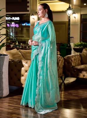 Aqua blue embroidered embellished shimmer chiffon bollywood saree with blouse 3