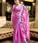 Baby pink embroidered embellished shimmer chiffon bollywood saree with blouse