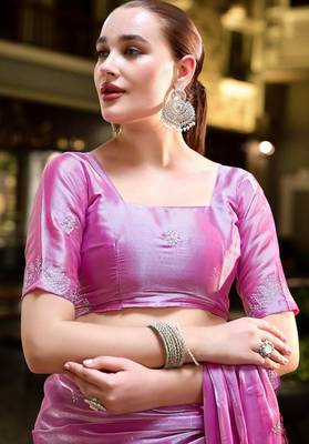 Baby pink embroidered embellished shimmer chiffon bollywood saree with blouse 5