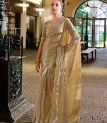 Beige embroidered embellished shimmer chiffon bollywood saree with blouse