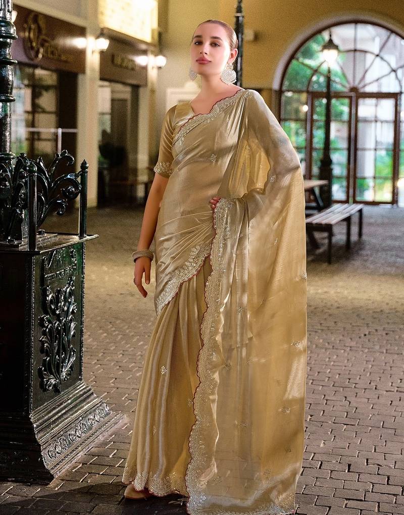 Beige embroidered embellished shimmer chiffon bollywood saree with blouse
