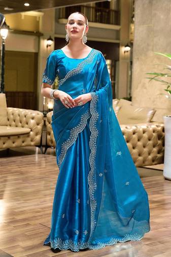 Blue embroidered embellished shimmer chiffon bollywood saree with blouse