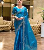 Blue embroidered embellished shimmer chiffon bollywood saree with blouse