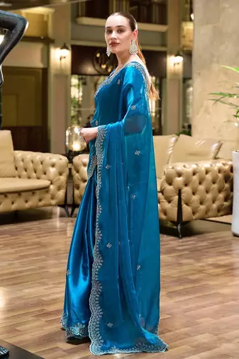Blue embroidered embellished shimmer chiffon bollywood saree with blouse