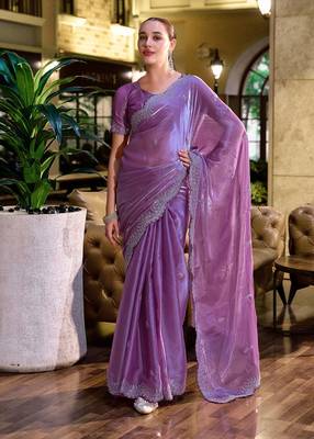 Lavender embroidered embellished shimmer chiffon bollywood saree with blouse 1