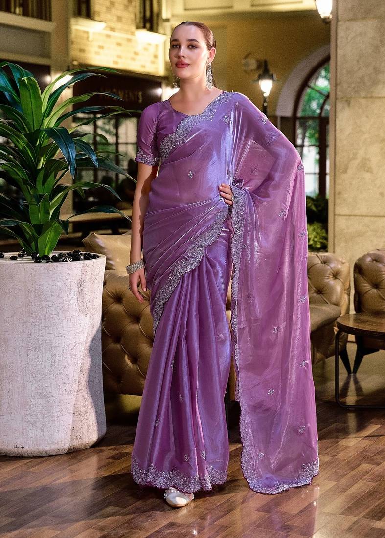 Lavender embroidered embellished shimmer chiffon bollywood saree with blouse