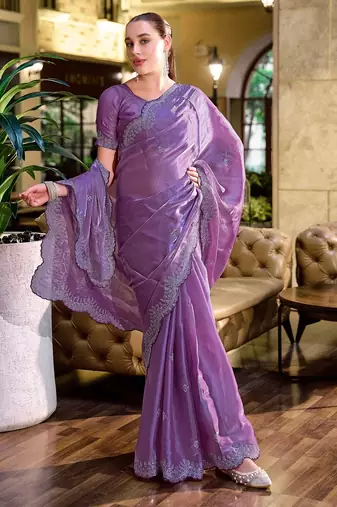 Lavender embroidered embellished shimmer chiffon bollywood saree with blouse