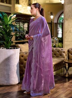 Lavender embroidered embellished shimmer chiffon bollywood saree with blouse 3