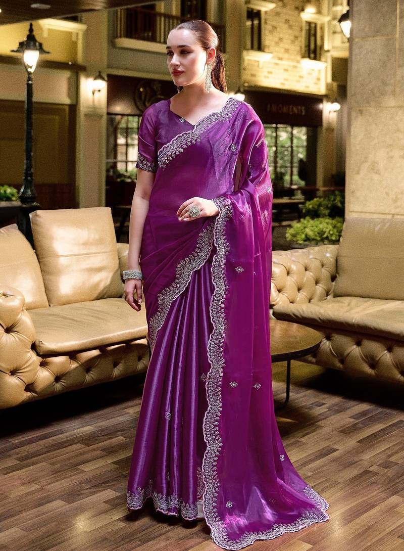Magenta embroidered embellished shimmer chiffon bollywood saree with blouse
