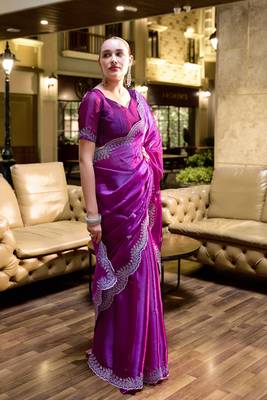 Magenta embroidered embellished shimmer chiffon bollywood saree with blouse 2