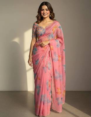 Light Pink Color Flower Print and Cut Dana Work With Moti Work  Organza Saree 1