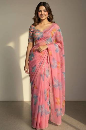 Light Pink Color Flower Print and Cut Dana Work With Moti Work  Organza Saree