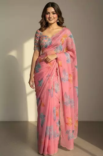 Light Pink Color Flower Print and Cut Dana Work With Moti Work  Organza Saree