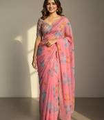 Light Pink Color Flower Print and Cut Dana Work With Moti Work  Organza Saree