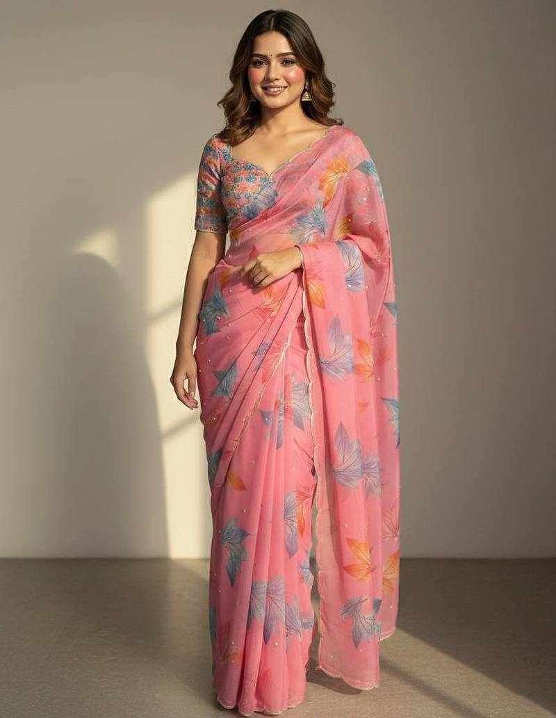 Light Pink Color Flower Print and Cut Dana Work With Moti Work  Organza Saree