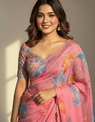 Light Pink Color Flower Print and Cut Dana Work With Moti Work  Organza Saree 2