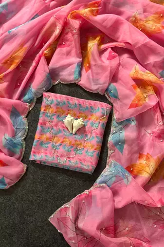 Light Pink Color Flower Print and Cut Dana Work With Moti Work  Organza Saree
